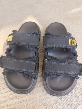 Dior Black Frayed Double-Strap Slide Sandals with Gold Logo